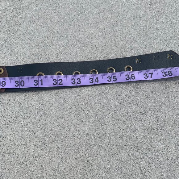 Vintage 90s Y2K Brown Leather Brass Rhinestone Stud Concho Boho Hip Belt - Picture 13 of 16